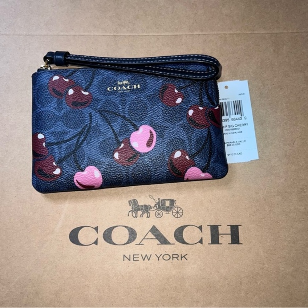 🍒COACH Corner Zip Wristlet Blue Signature Canvas Cherry Print AUTHENTIC NWT